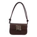 Minimalist dark brown matte leather shoulder bag with silver gothic logo and knot detail - Brown