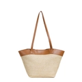 Handwoven straw bucket bag with brown leather handles for summer beach vacations - Brown