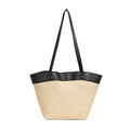 Straw woven bucket bag with black leather straps and hollow mesh design for summer beach - Black