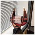 Classic red plaid half-moon saddle bag with leather handle and golden metal buckle - Red