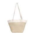 Straw hollow tote bag with white leather straps for beach and summer vacations - White
