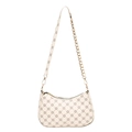 Chic beige baguette bag with brown monogram pattern and golden chain detail - White