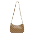 Fashionable khaki crescent shoulder bag with black floral pattern and gold chain strap - Brown