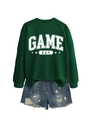 Détail du sweat vert foncé Game Day avec étoiles blanches et finitions côtelées - S / Sweat-shirt Vert Foncé (Lettres Blanches)