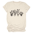 Detail van katoenen T-shirt met minimalistische cactusprints en opgerolde mouwen - S / Zand (Zwarte Tekst)