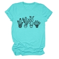 Dettaglio della t-shirt turchese con stampa cactus e maniche con risvolto cucito - S / Blu Acqua Profonda (Testo Nero)