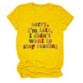 Detailed knit texture of yellow t-shirt with sorry i'm late i didn't want to stop reading print - Yellow
