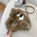 Brown fuzzy plush cartoon crossbody bag with large eyes and leather strap for women - Brown