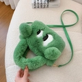 Cute green plush monster crossbody bag with large eyes and soft faux fur material - Green