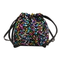 Colorful sequin drawstring bucket bag with black leather trim and crossbody strap - Rainbow