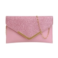 Pink glitter evening clutch bag with gold V-metal trim and elegant chain strap - Pink