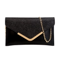 Elegant black glitter envelope evening clutch with gold V-shaped trim and chain strap - Black