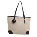 Grand sac cabas beige avec bordures noires contrastées et breloque pompon noir - Blanc avec Pendentif