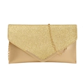 Sparkly gold glitter evening clutch bag with V-shaped metal trim and chain strap - Gold