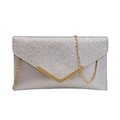Silver glitter evening clutch bag with V-shaped flap, gold metal trim and chain strap - Silver