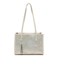 Elegant floral print tote bag with light green fringe tassel and shoulder strap - Off White