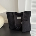 Two-piece black corduroy tote bag set with striped texture and fashion woven label - Shoulder Bag Set / Black