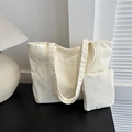 Large white corduroy tote bag with fashion patch and matching zipper pouch for women - Shoulder Bag Set / White
