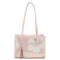 Pink satin tote bag with exquisite peony floral embroidery and a matching tassel pendant - Pink