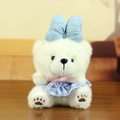 Cute white plush teddy bear keychain in blue checkered dress with a large blue bow - White Bear (Blue Outfit) / Blue
