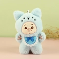 Cute light blue plush pig charm with cat ear hood and delicate pink paw embroidery - Blue