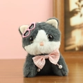 Porte-clés chat en peluche gris foncé avec lunettes cœur roses et nœud à carreaux - Vert Foncé / Environ 11cm