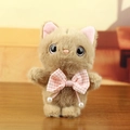 Llavero de gato de peluche marrón claro con lazo de cuadros rosa y perlas - Marrón