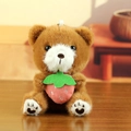 Adorable brown plush teddy bear keychain holding a pink strawberry charm for bag - 13cm / Strawberry Decor Style / Strawberry Dark Brown