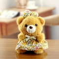 Portachiavi orsetto di peluche marrone chiaro con vestito floreale e fiocco coordinato - Marrone