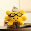 Plush yellow star keychain with a beige knitted beanie hat and black goggles - Brown Hat Style