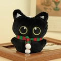 Llavero de peluche gato negro con ojos amarillos y bufanda festiva de rayas rojas y verdes - Negro (Bufanda Verde) / 11cm
