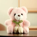 Pink plush teddy bear charm with a green bow and white tulip pendants on a dark table - Pink / 12cm