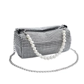 Elegante bolso cilíndrico plateado con pedrería brillante y asa de perlas - Plateado