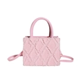 Pink denim tote bag with quilted fringe texture and detachable leather shoulder strap - Pink