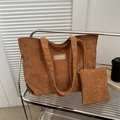 Brown corduroy tote bag set with matching pouch and casual striped shoulder strap - Shoulder Bag Set / Brown