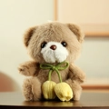 Light brown plush teddy bear keychain with green bow and yellow tulip charms - Tan / 12cm