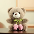 Cute light brown plush bear keychain with green bow and pink knit tulips charm - Dark Brown / 12cm
