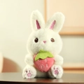 Porte-clés lapin en peluche blanc tenant une fraise rose avec fourrure douce - 16cm / Blanc