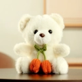Cute white plush teddy bear keychain with green bow and orange fruit charms - Off White / 12cm