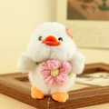 Portachiavi anatra di peluche bianca con fiori rosa a maglia su cornice di legno - Piccoli Fiori Bianchi / Circa 10cm