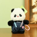 Panda plush pendant in navy denim overalls with pink braided strap and floral details - About 12cm / Panda Pendant (01) / Dark Blue