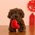 Dark brown curly teddy dog plush toy holding a bright red heart-shaped cushion - 12cm / Dark Brown With Heart