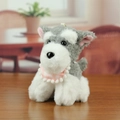 Cute Schnauzer plush keychain with grey fur and pink plaid scarf on wooden table - Grey Patchwork (12cm) / Schnauzer Dog