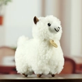 Cute white alpaca plush keychain with brown accents and a handmade wooden tag - Off White