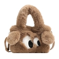 Braune Plüschhandtasche mit großen Comic-Augen und Leder-Umhängeriemen - Braun