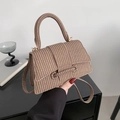 Fashionable woven crossbody bag in khaki featuring a top handle and adjustable shoulder strap - Brown