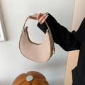Chic beige felt crescent shoulder bag with embossed texture and gold zipper - Felt Style / Khaki