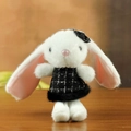 Cute white plush bunny keychain with pink ears and black white checkered dress accessory - Black Style