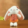 White plush bunny keychain in orange plaid dress with pearl necklace accessory - Pink Style