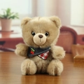 Cute brown plush teddy bear keychain with cherry embroidery blue scarf hanging charm - Brown